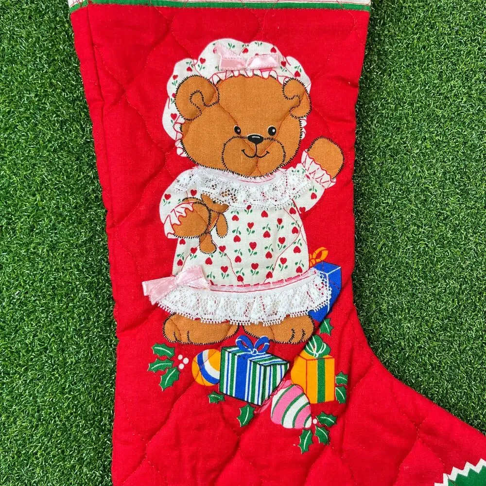Vintage 1980s Lucy Rigg Handmade Quilted Teddy Bear Christmas Stockings
